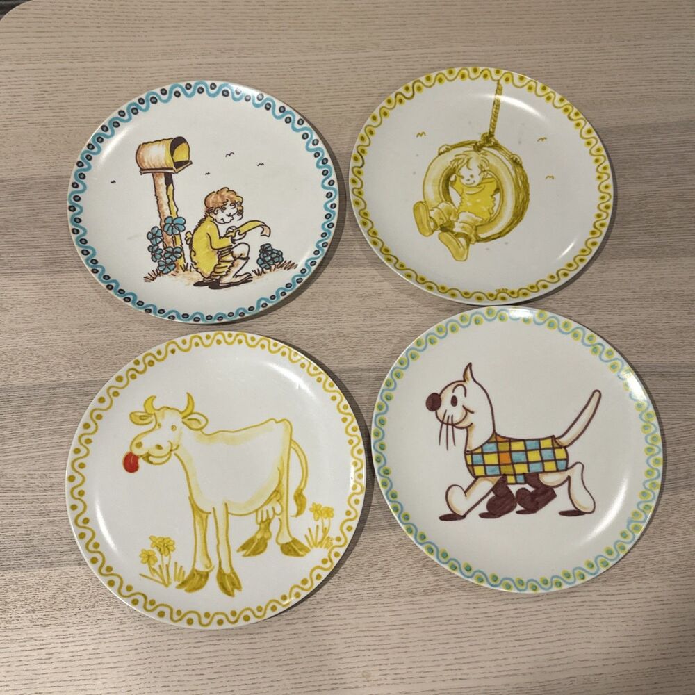Vintage Texas Ware Melamine Plates Cow Cat Tire Swing Mail 10 Inches Set Of 4